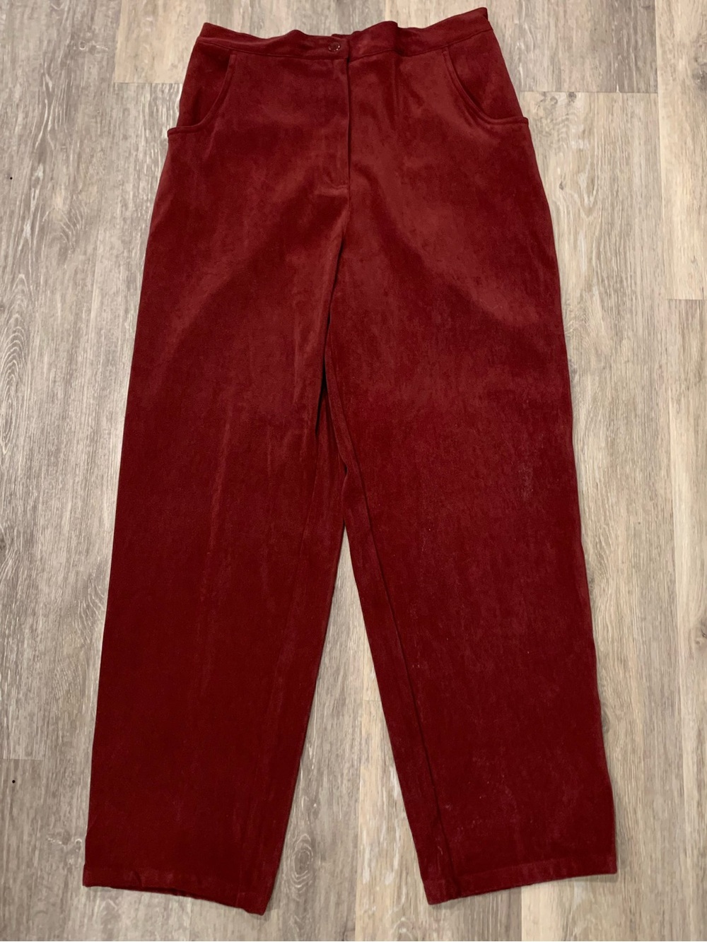 Denim&Co women's burgundy red velvet pants w/ pockets & comfortable design.